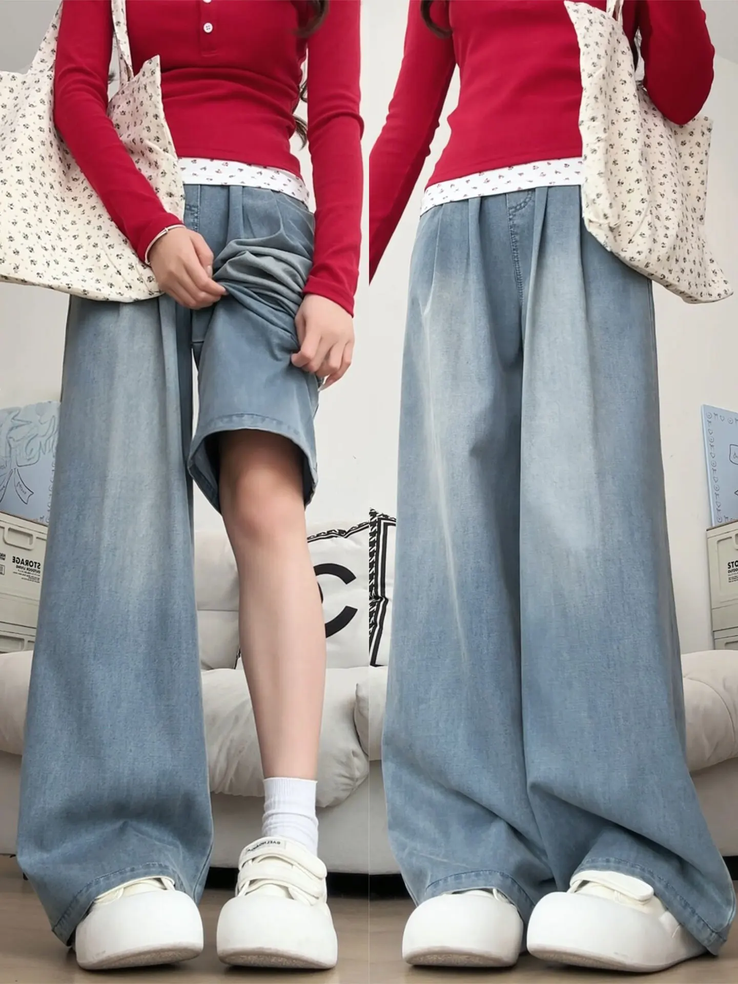 

Blue Denim High Waist Draped Loose Women's Jeans Summer Casual Straight Leg Wide Leg Pants Lazy Style Fashionable Ladies