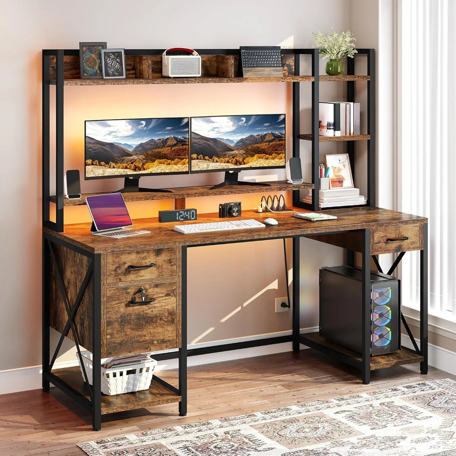 

Computer Desk with Drawers & Hutch, 59.1" Office Desk with Power Outlets & LED Lights, Home Office Desk with Storage Shelves