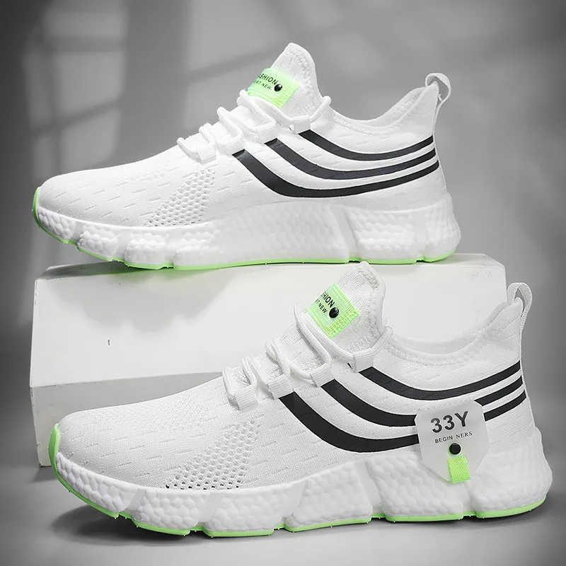 Unisex Running Shoes Spring Summer Woven Mesh Upper Textured Cushion Sole Striped Detail Lightweight Couples Sneakers
