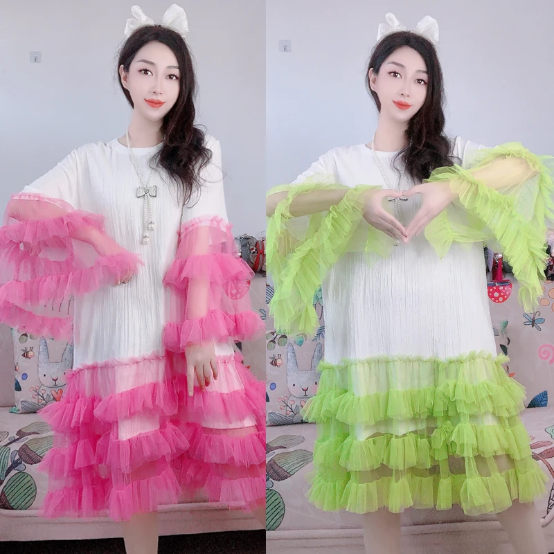 Summer Color Contrast Mesh Spliced Lace Pleated T-Shirts Multi Layered Ruffles Hem Tees Dress Fluffy Flare Sleeve Dress Vestidos
