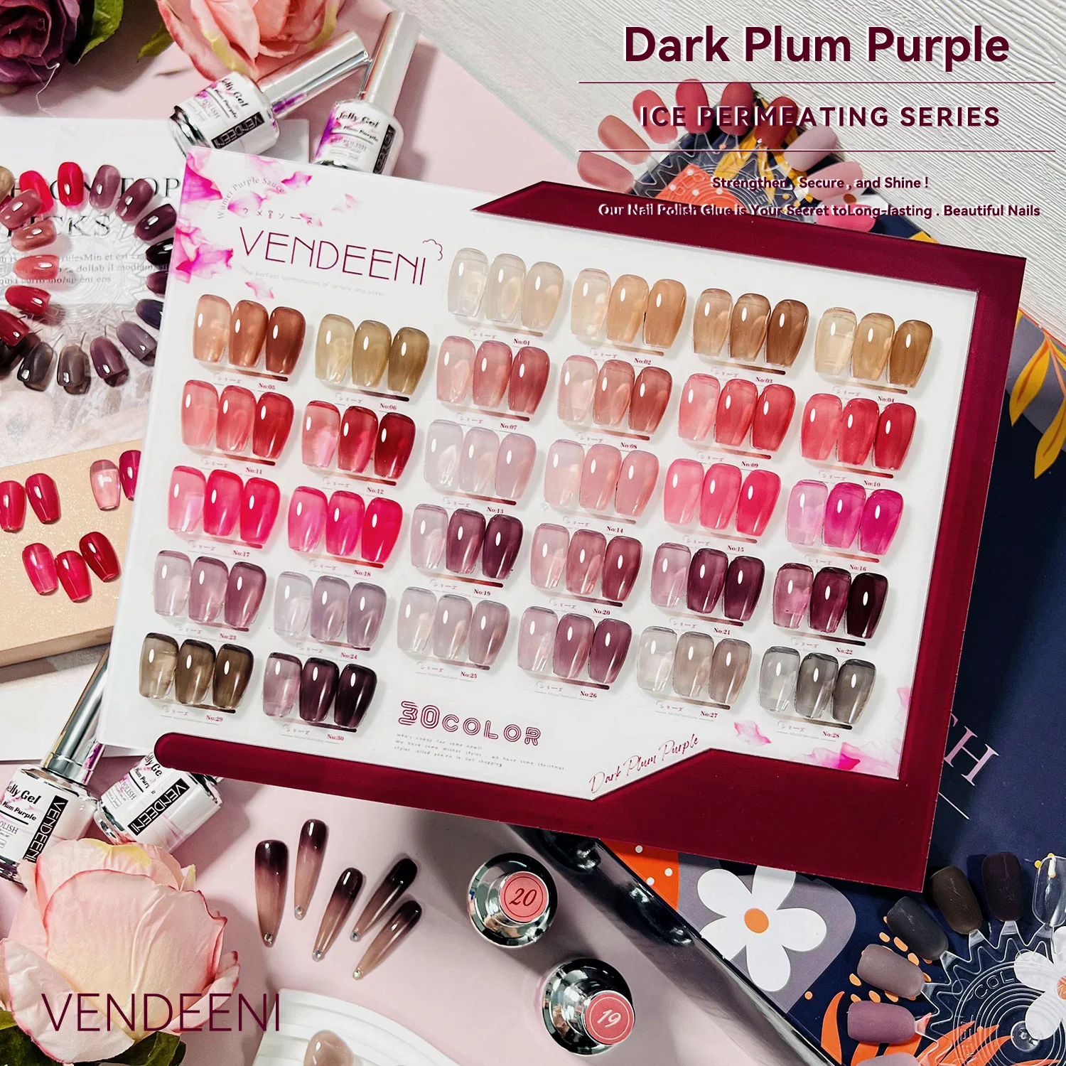 Vendeeni 30 Colors Fall winter Jelly Gel Polish Set Box 15ml TPO HEMA FREE Dark Plum Purple Jelly Gel Nail Polish