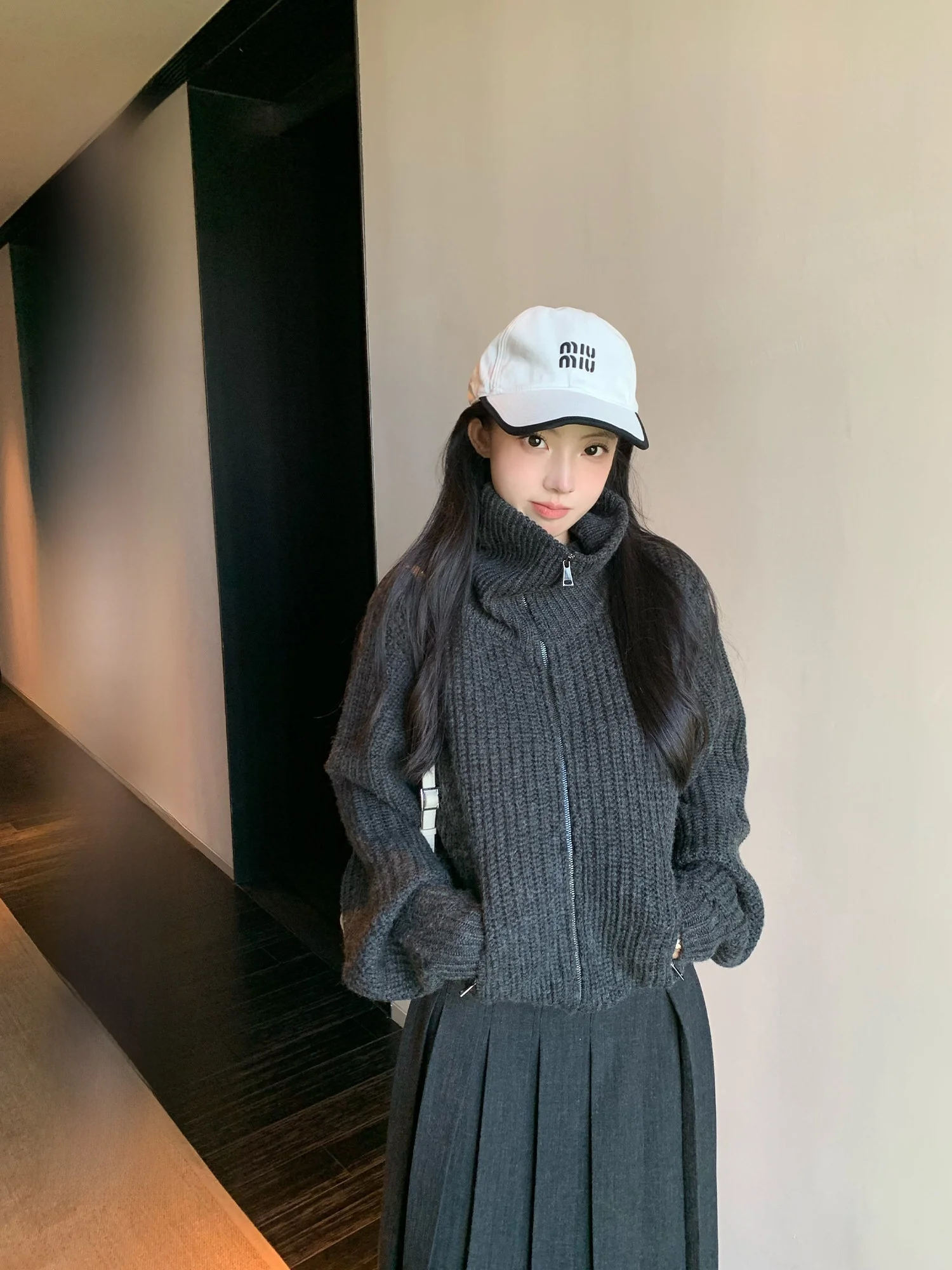 

Yuzuqi ey Mood Thi Woolen Knitted Sweater Heavy Du Chunky Needle Stand Collar Women's Autumn Winter Open Cardigan