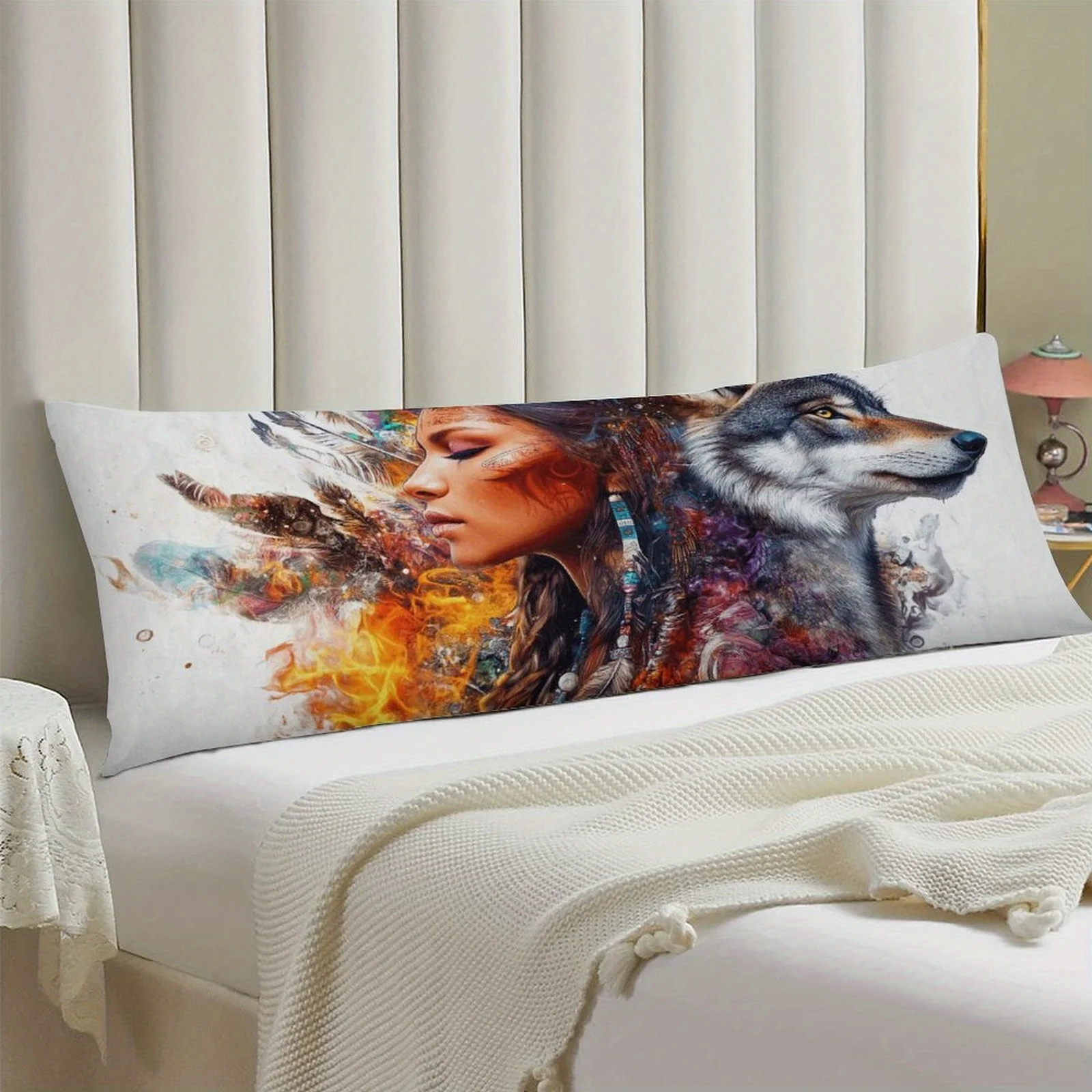 Wolf Spirit Navigation Bohemian Pillowcase - Extra Long Soft Flannel Cover with Woman & Wolf Suitable for Bed, Sofa, Chair - Zip