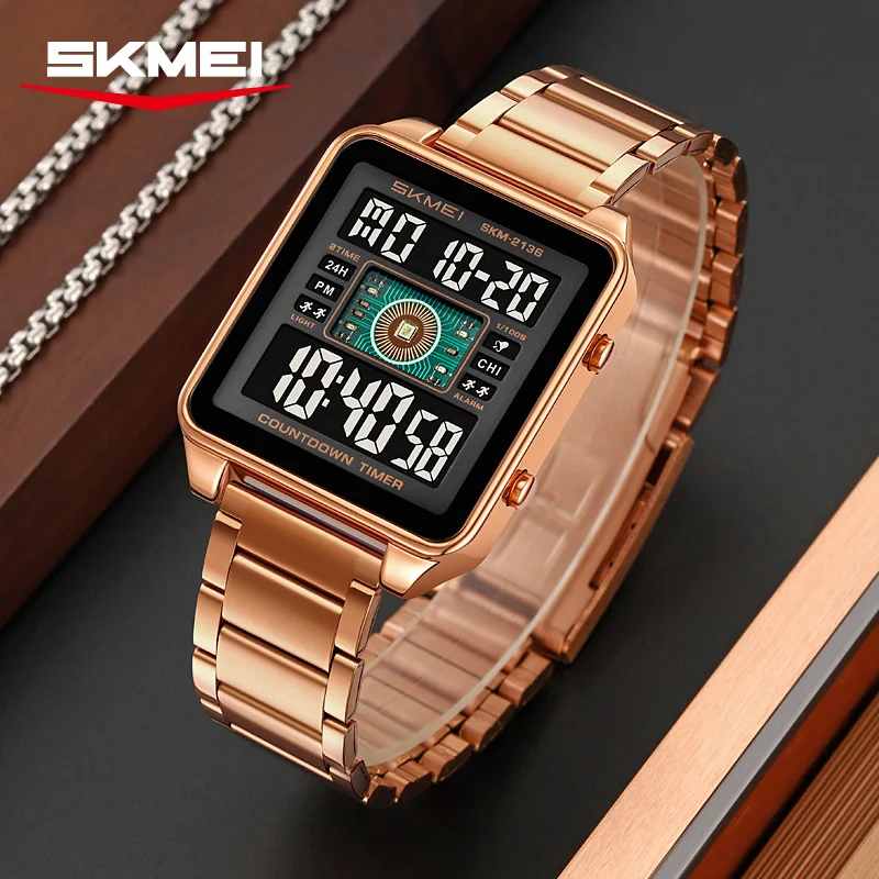 SKMEI 2136 Stainless Steel Countdown Stopwatch Wristwatch Fashion Electronic Movement Clock lighting Stylish Mens Digital Watch