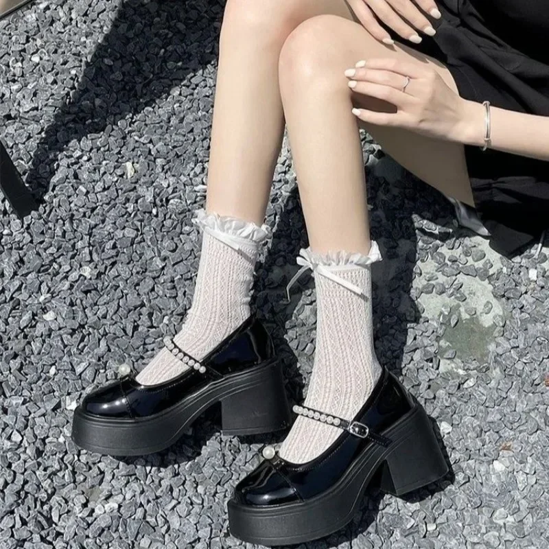 New Sweet Heart Shape Buckle Lolita Shoes Women's Patent Leather Thick Sole Mary Jane Shoes Women's Metal Decorated High Heels