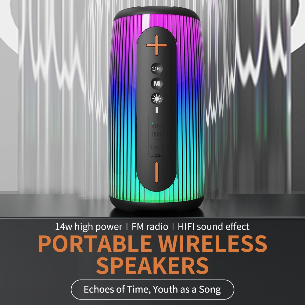 Latest 2024 model Promotion Portable Wireless Speaker V5.3  with Colorful RGB Lights  TWS Stereo  Support FM Radio