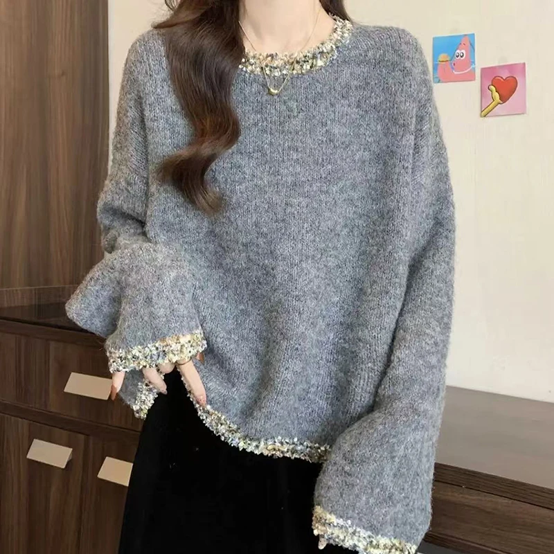 

Женский вязаный свитер из 100% шерсти с круглым вырезом на осень и зиму, свободный и повседневный женский пуловер с длинными рукавами, новинка, хит продаж