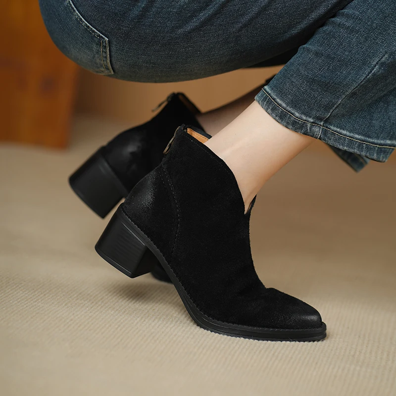 2026 new autumn winter natural leather women ankle boots 22-25cm brush color cowhide round toe back zip thick heel short boots