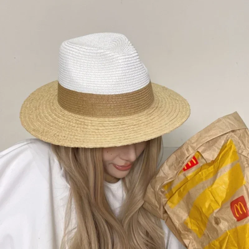 Summer Lafite Grass Spliced Fashion Sunshade Straw Hat Womens Wide Brim Jazz Beach Hat Holiday UV Protection Sunscreen Sun Hat