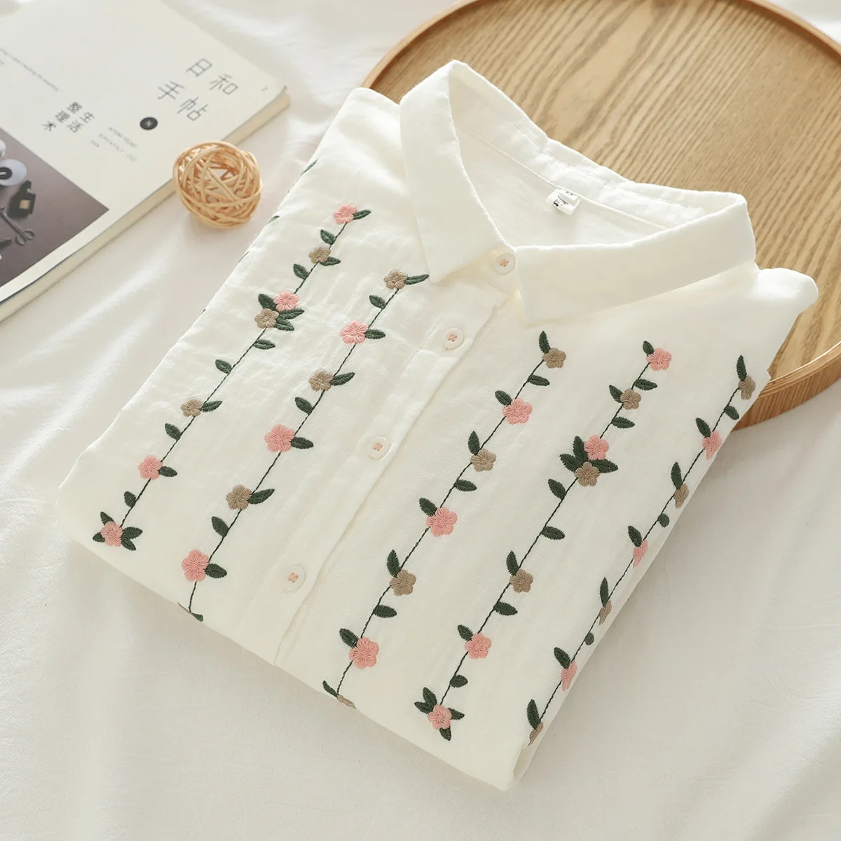 Summer Mori Girl Flowers Vine Embroidery Double Layers Cotton Yarn Shirts Women Half Sleeve Turn Down Collar Casual Blouse Tops