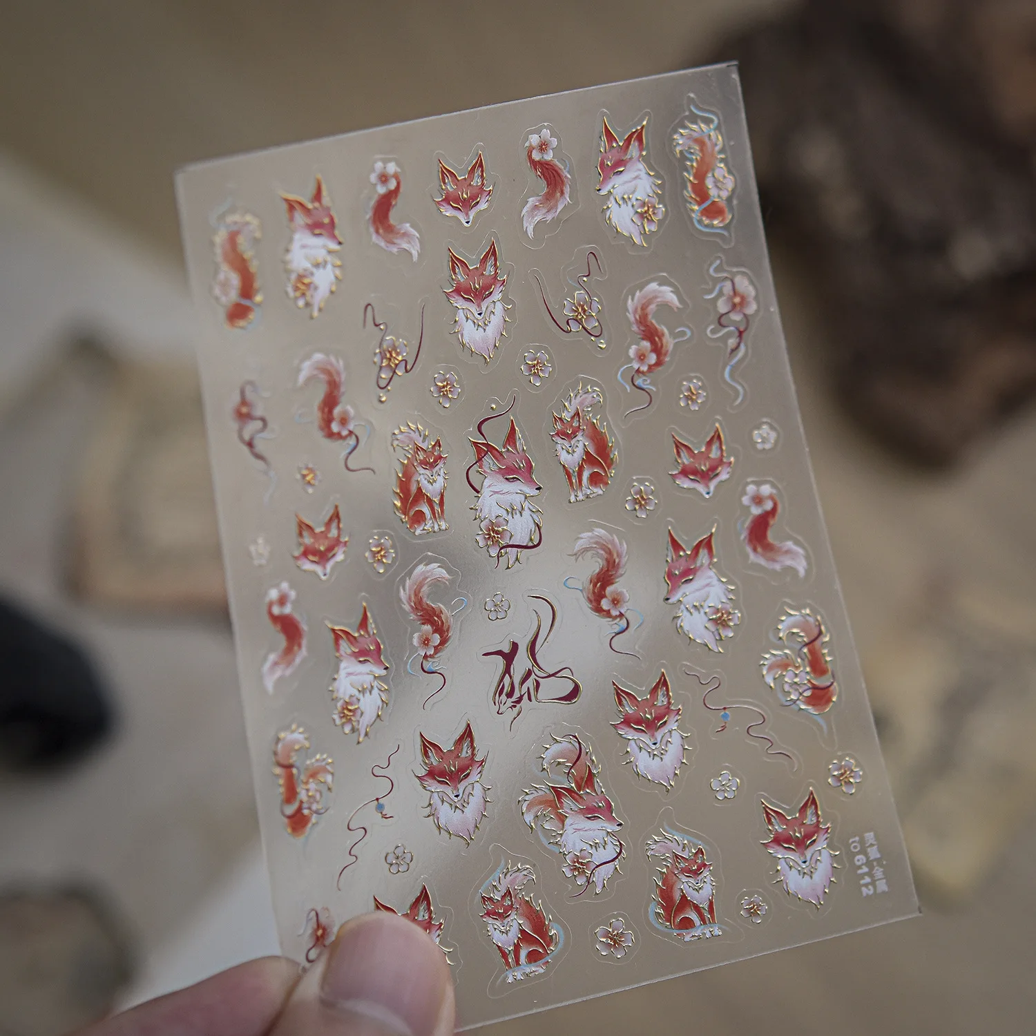 Shanhaijing Nine Tailed Fox 5D Nail Decal Hot stamping Gold Traditional Red White Gradient Fur Peach Blossom Clouds Nail Sticker