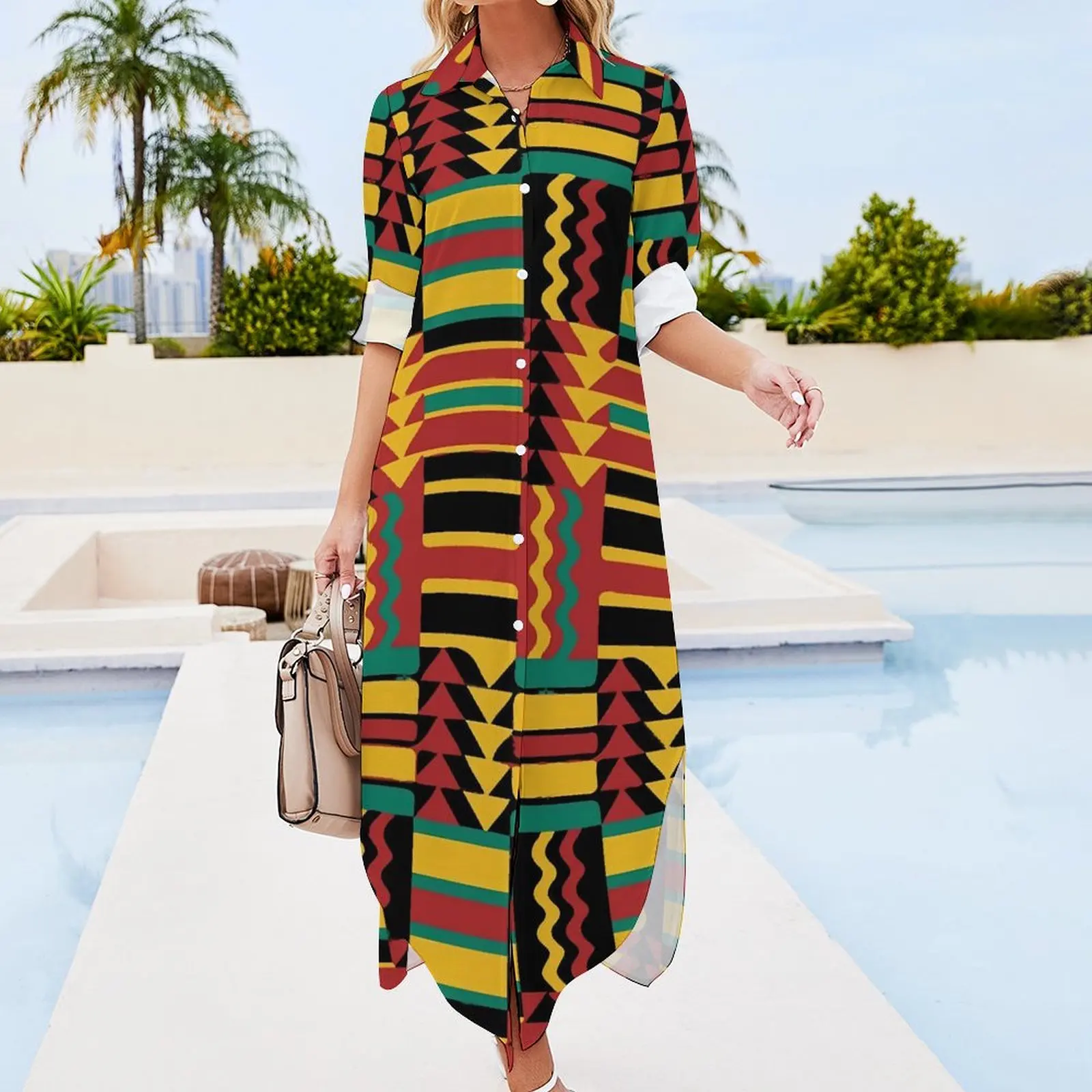 Kente Vintage Geometric Chiffon Dress Sexy V Neck Retro Rasta Colors Vintage Dresses Woman Aesthetic Casual Dress Gift