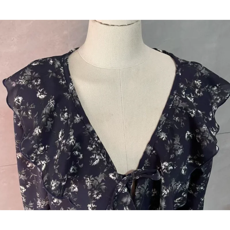 جديد ريترو الدانتيل الخامس الرقبة الفطريات الحواف قميص الأزهار المألوف تنوعا عارضة طويلة الأكمام أعلى