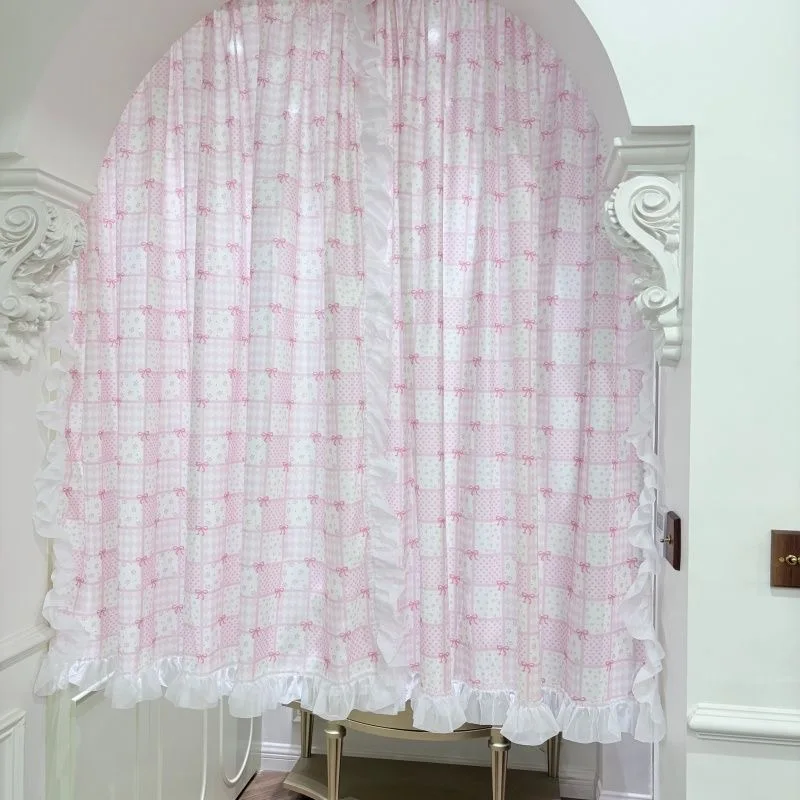 New Cute Pink Bow Dormitory Small Curtain Bed Curtain Fresh Short Curtain Cabinet Block Curtain Door Curtain Decorative Curtain