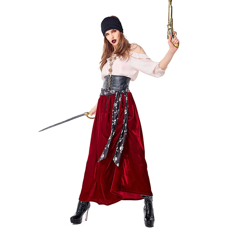 Costume da Halloween per donna adulta Costume da pirata dei Caraibi eup Ball Ja Sparrow Performance Abbigliamento Costume da palcoscenico in fibra di poliestere