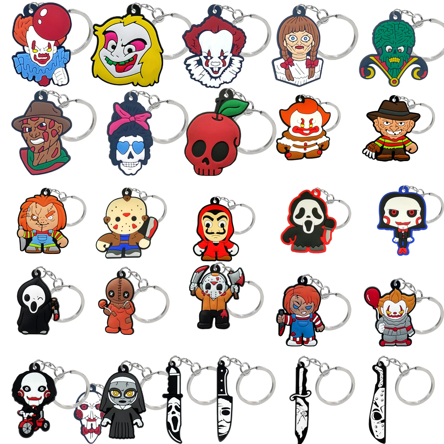 1/30/50pcs PVC Funny Horror Movie Keychain Funny Clown Key Ring Cute Death Drinks Key Chain Handbag Accessories for Boys Kids