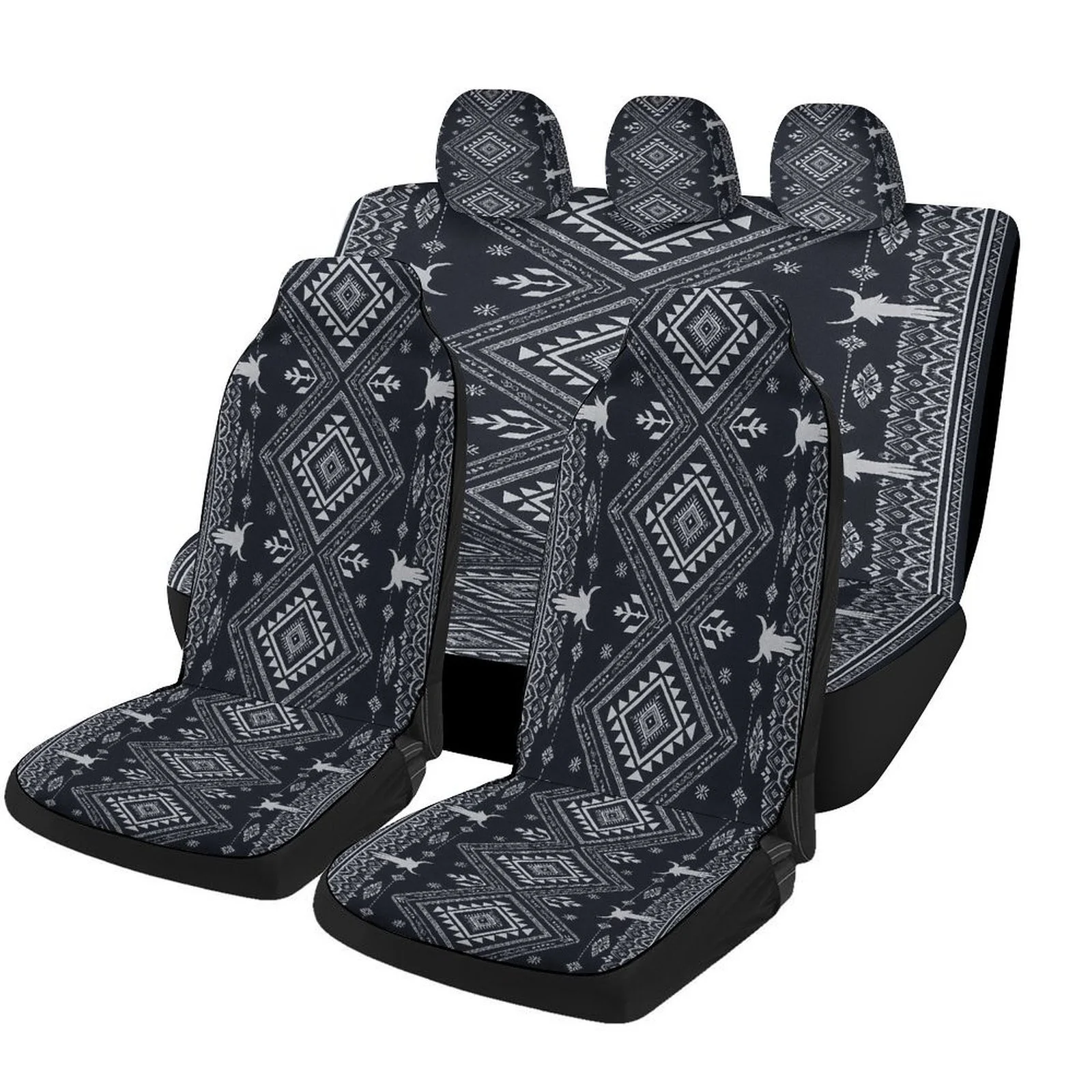 Geometric Tribal Pattern Designed Car Seat Covers Set For Most Cars, Trendy Novelty Decorative Car Seat Protector Covers Full Se