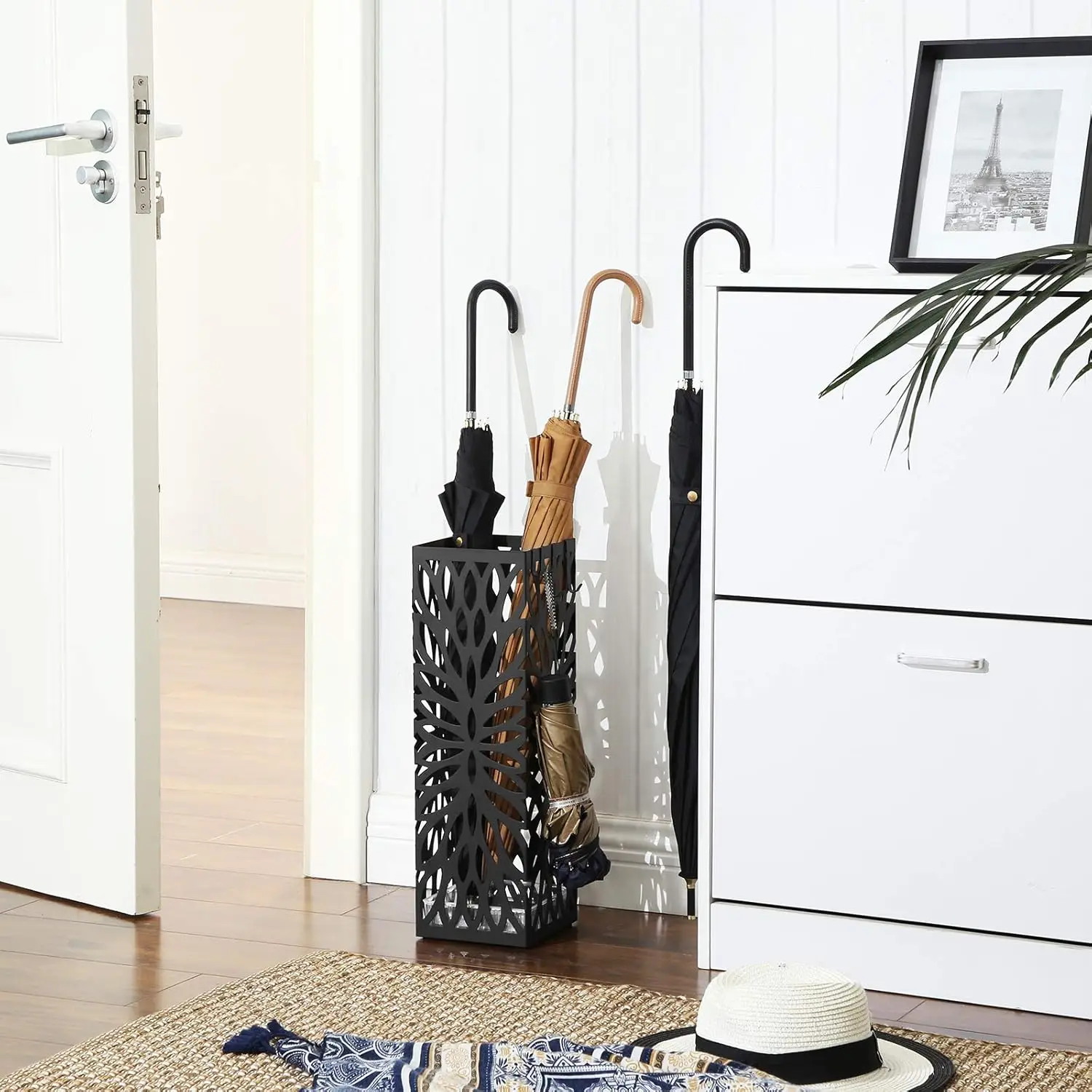 Umbrella Stand, Steel Square Umbrella Rack Organizer Freestanding, for Canes Walking Sticks, with a Detachable Drip Tray