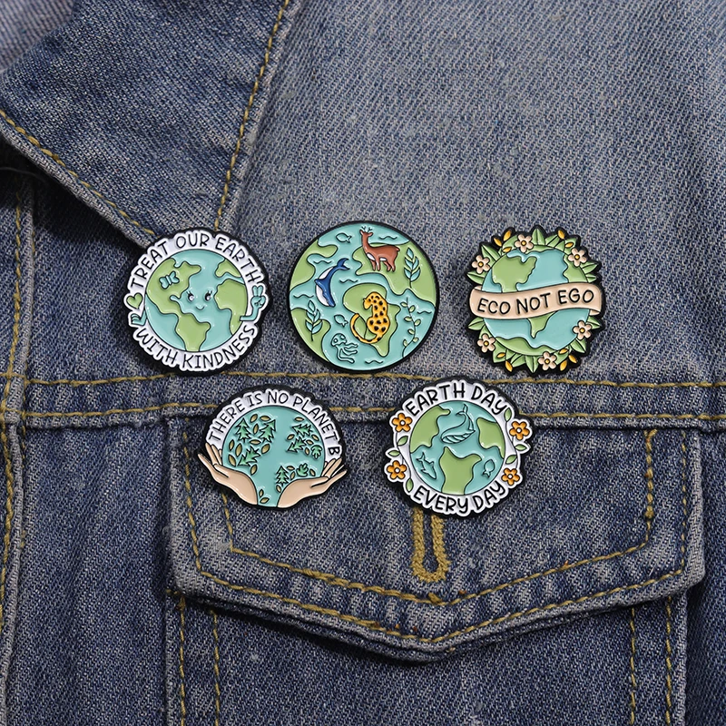 Creative TREAT OUR EARTH Save Environment Enamel Pins Cartoon Earth Day Every Day Green Brooches Decorative Clothes Lapel Badge