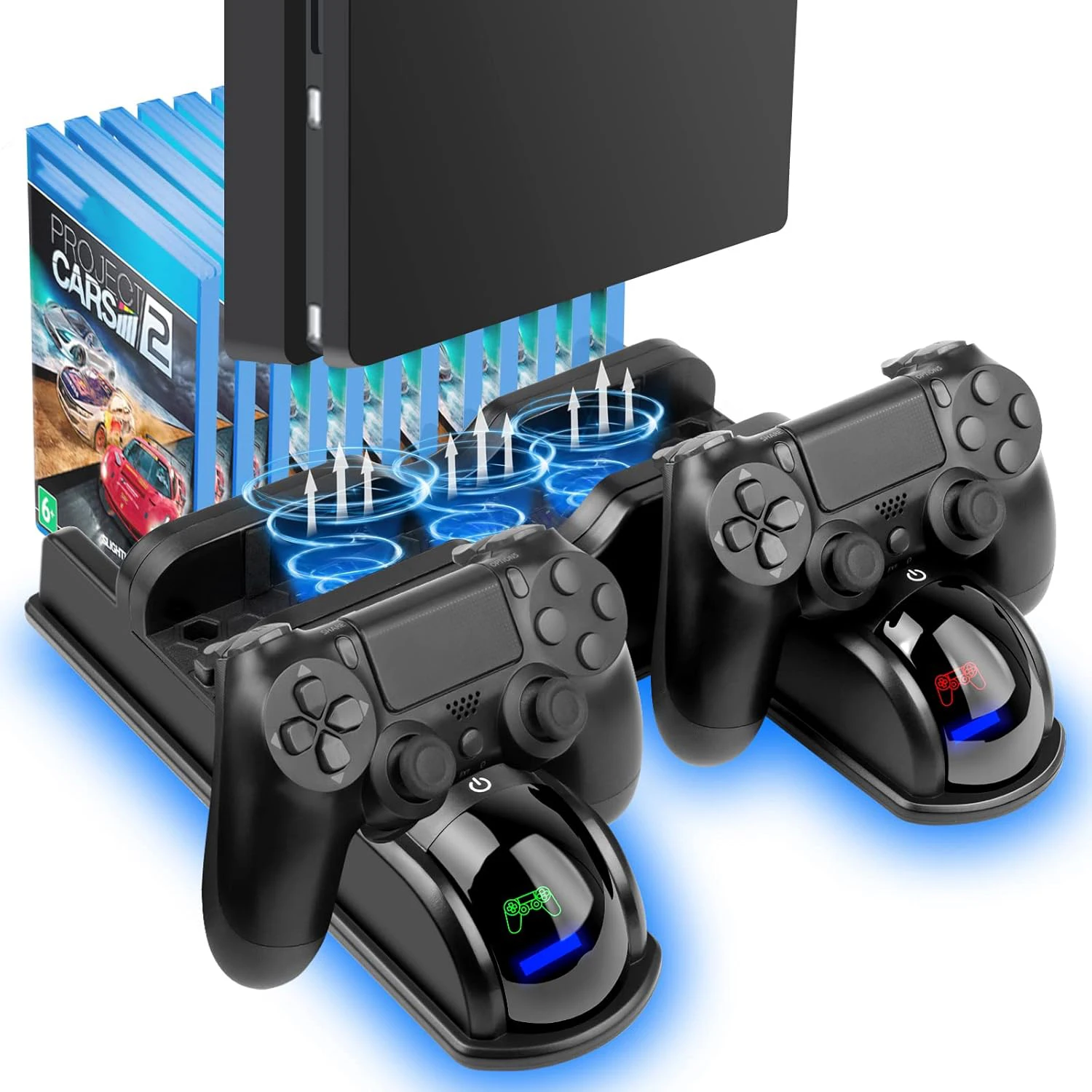 Base de Refrigeración con Ventilador para PS4, Enfriador para PS4/PS4 Slim/PS4 Pro con Estación de Carga para Control de PS4 y 12 Ranuras para Juegos