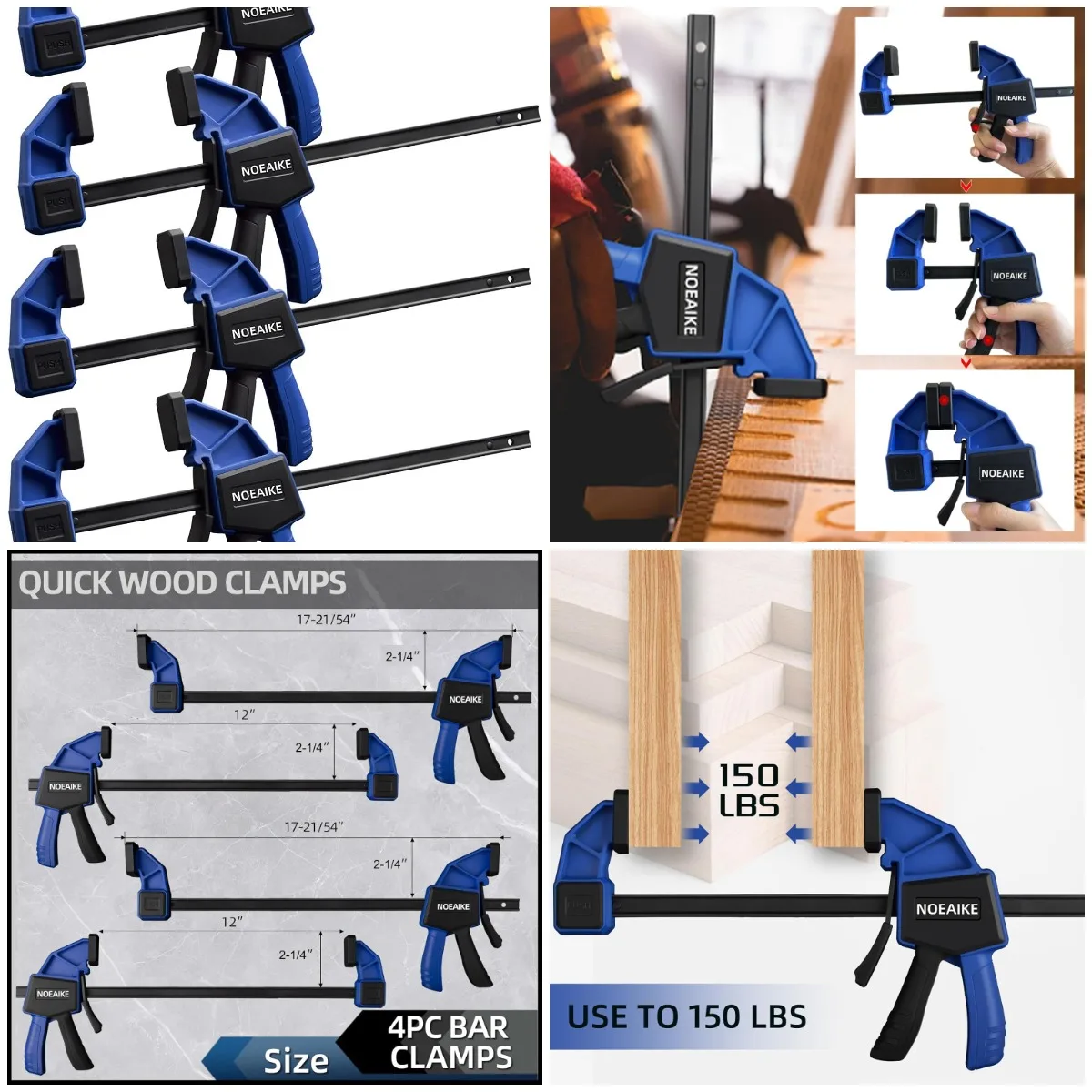 

Набор из 4 деревянных зажимов для легких условий эксплуатации, 12 футов, набор для быстрого захвата одной рукой с ограничением нагрузки 150 фунтов