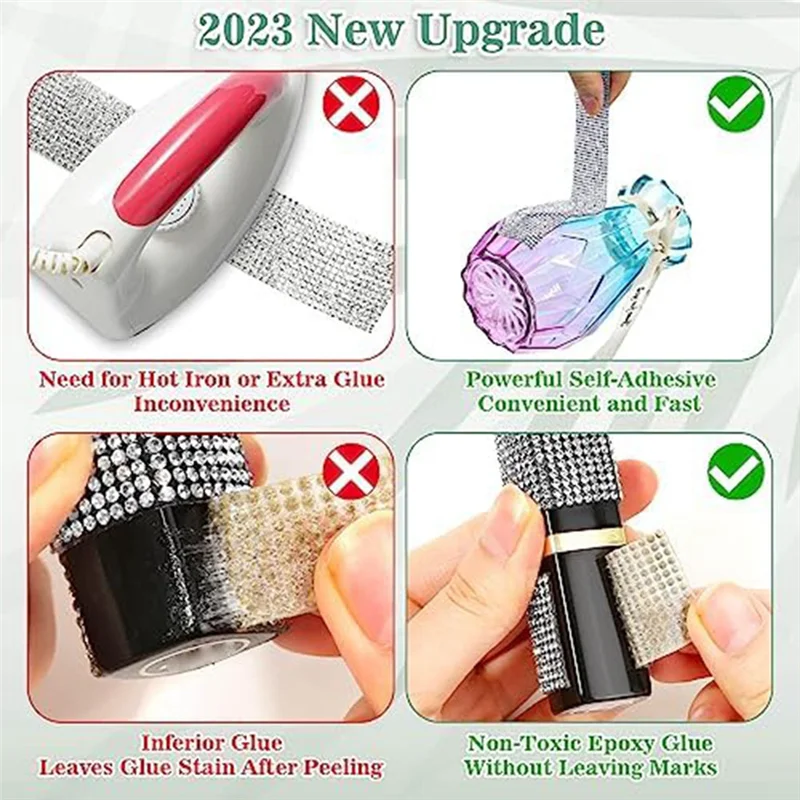 4 Rolls Self Adhesive Rhinestone Strips, Rhinestone Ribbon Rhinestone Diamond Ribbon for Crafts, DIY Rhinestone