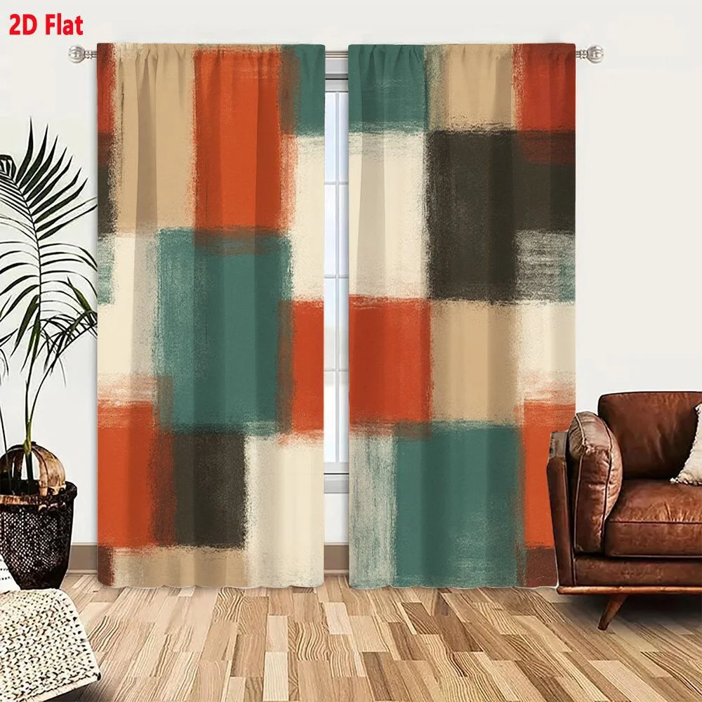 2Pcs Curtains 2D Flat Abstract Geometric Composition With Terracotta Orange Teal Beige And Charcoal Blocks Window Drapes for Bed