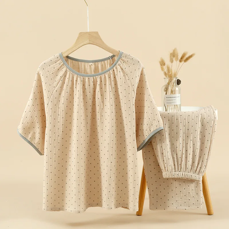 

Wholesale & Retail Cotton Crepe Pajamas Ladies Elastic Neck Short Sleeve Pants Cotton Set Summer Crew Neck Pullover Loungewear