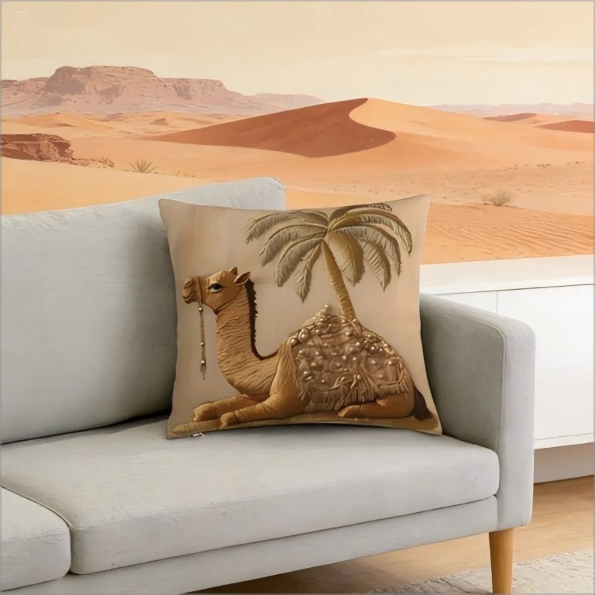 Boho Camel Palm Tree Pillow Cover Faux Embroidery Print Moroccan Desert Cushion Case for Sofa Bed Couch Ethnic Home Decor Camel