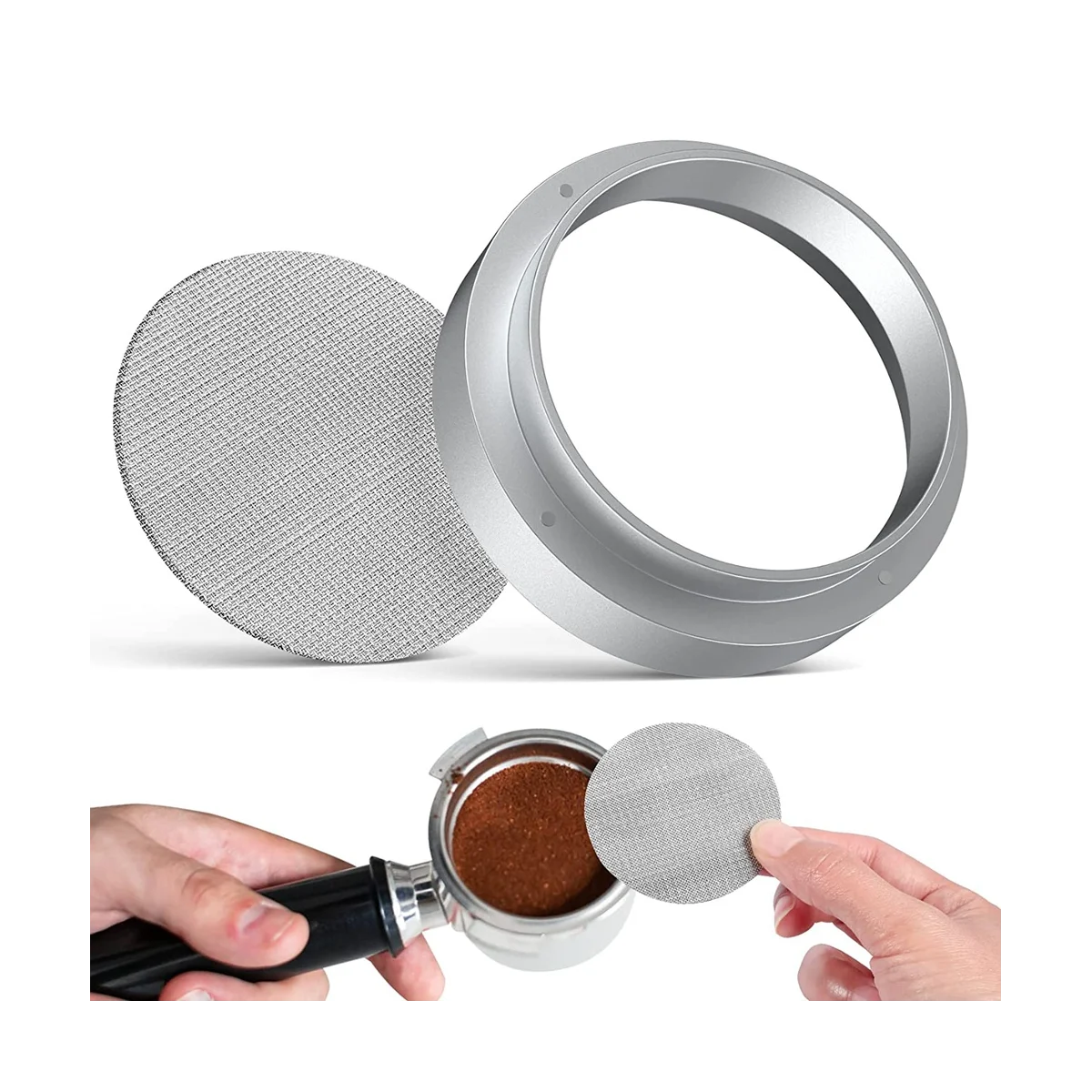 A09G-51mm Coffee Dosing Ring, Aluminum Coffee Dosing Ring with Screen, Stainless Steel Espresso Sieve for Portafilter