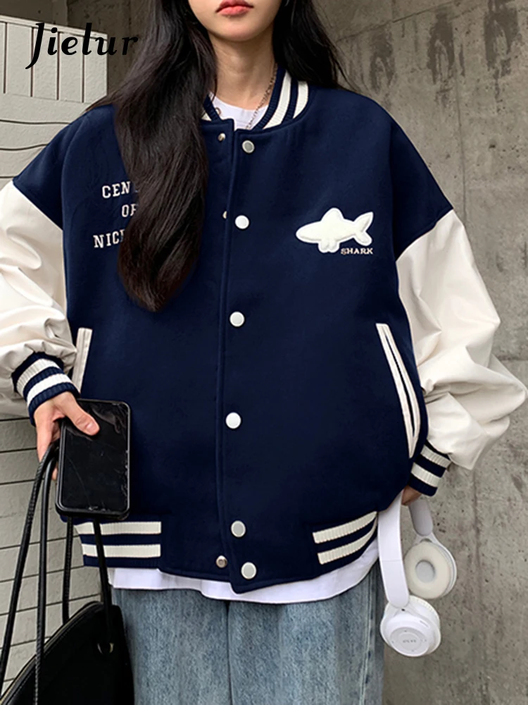 

Jielur New American Retro Contrast Color Trench Woman Autumn Loose Casual Chic Trench Female Khaki Navy Blue Street Top Women