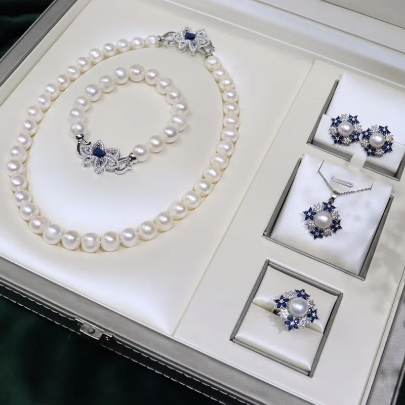 

Natural 5PCS set 9-10mm & 10-11mm white Freshwater pearl Necklace Bracelet Earring Ring women's versatile Luxury Jewelry