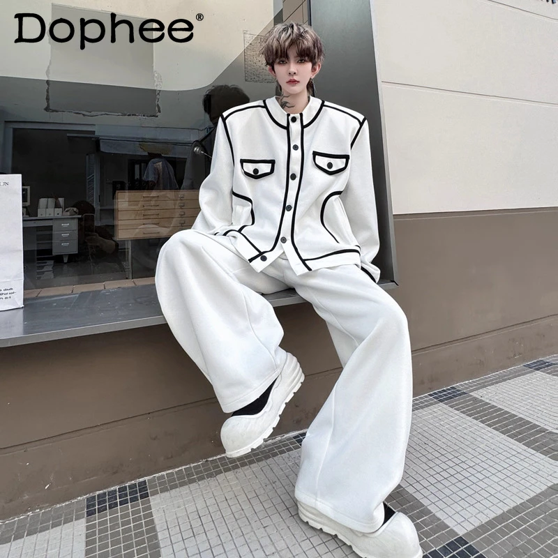 

Новинка осени 2025 года, стильные мужские комплекты из 2 предметов с длинными рукавами контрастного цвета, мужские модные широкие брюки, модные комплекты из двух предметов