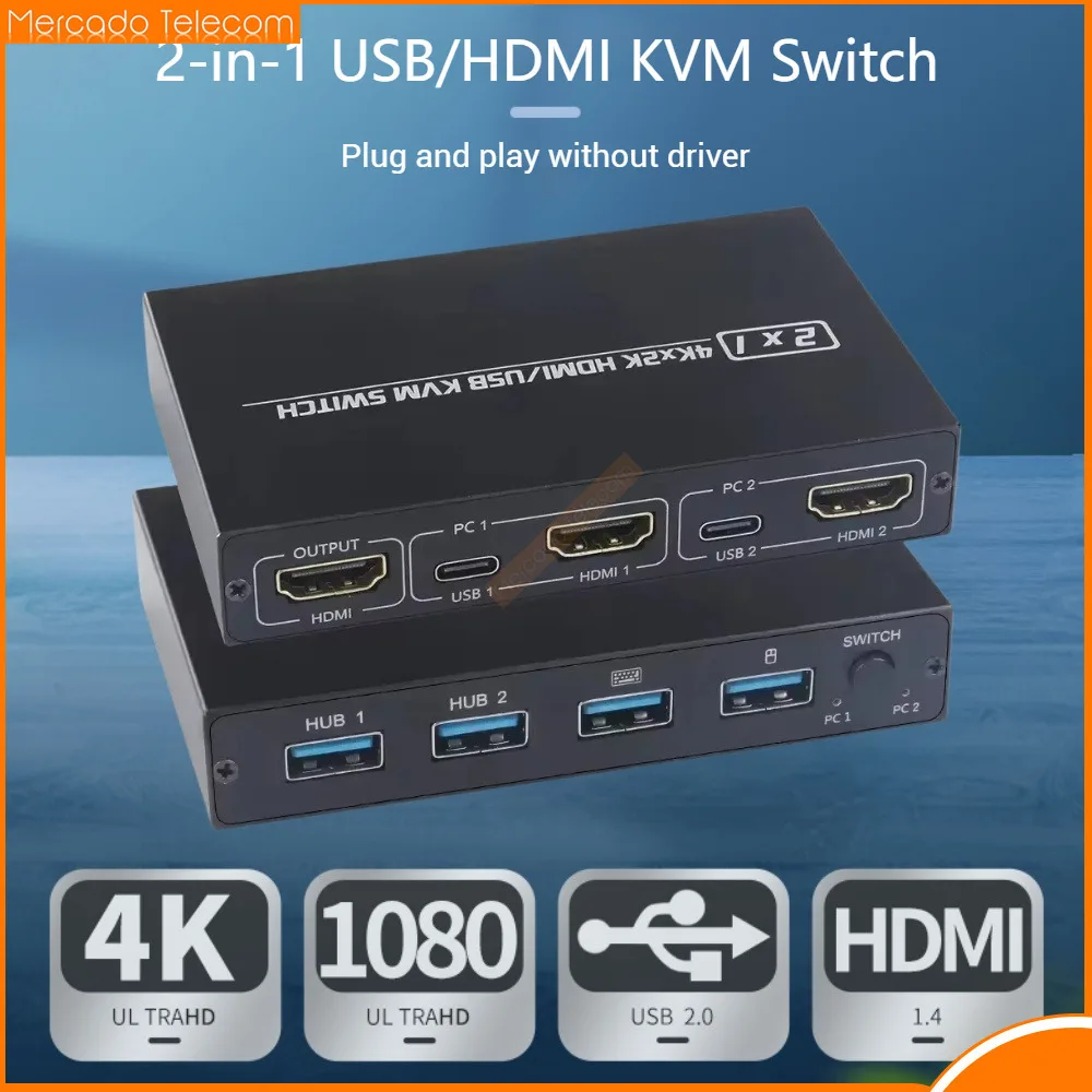 KVM 2-in-1 HDMI-compatible/USB KVM Switch Support HD 2K*4K 2 Hosts Share 1 Monitor/Keyboard& Mouse Set KVM Switch