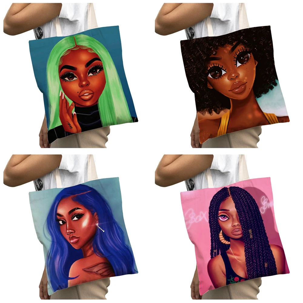 Borsa per la spesa Casual per ragazza africana per le donne bella borsa a mano in tela di moda nera borsa Shopper da donna di grande capacità