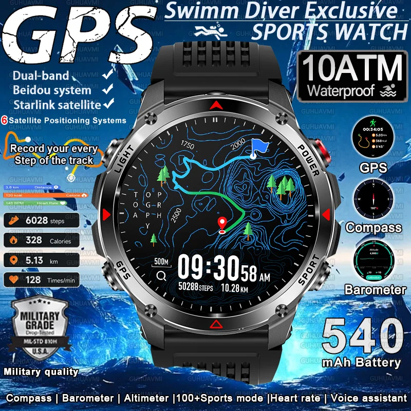 

2025 New Outdoor 100+Sport Smart Watch Men HD AMOLED Screen GPS Dual-Band Positioning Heart Rate Call 10ATM Waterproof Bracelet