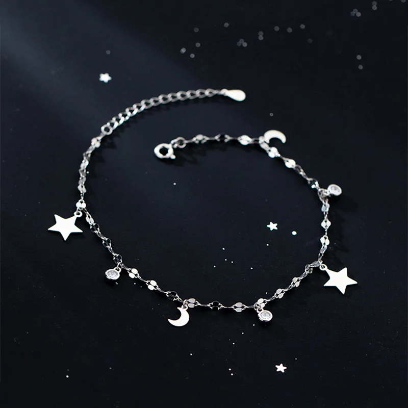 

925 Sterling Silver Luxury Shiny Zircon Star Moon Romantic Chain Anklet for Women Simple Fashion Korean Charm Jewelry