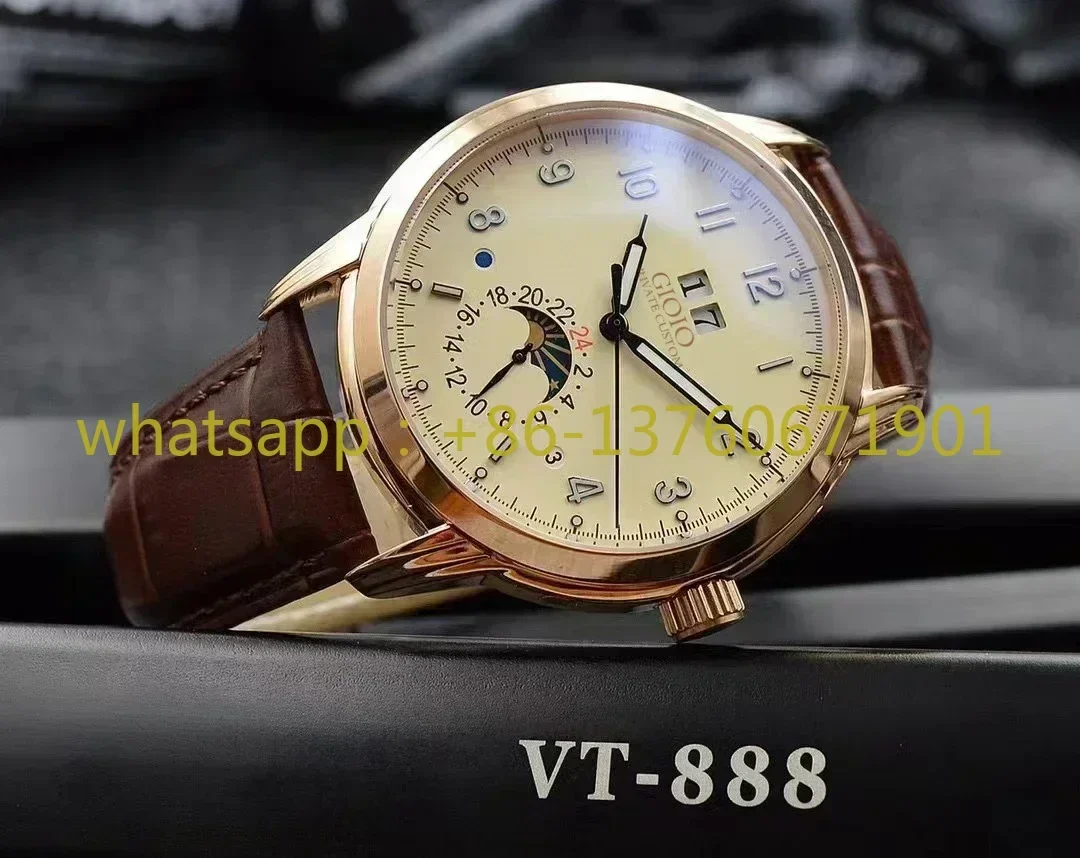 2023 New Mens Automatic Mechanical Watch Rose Gold Stainless Steel Black Leather White Dial MoonPhase Daydate