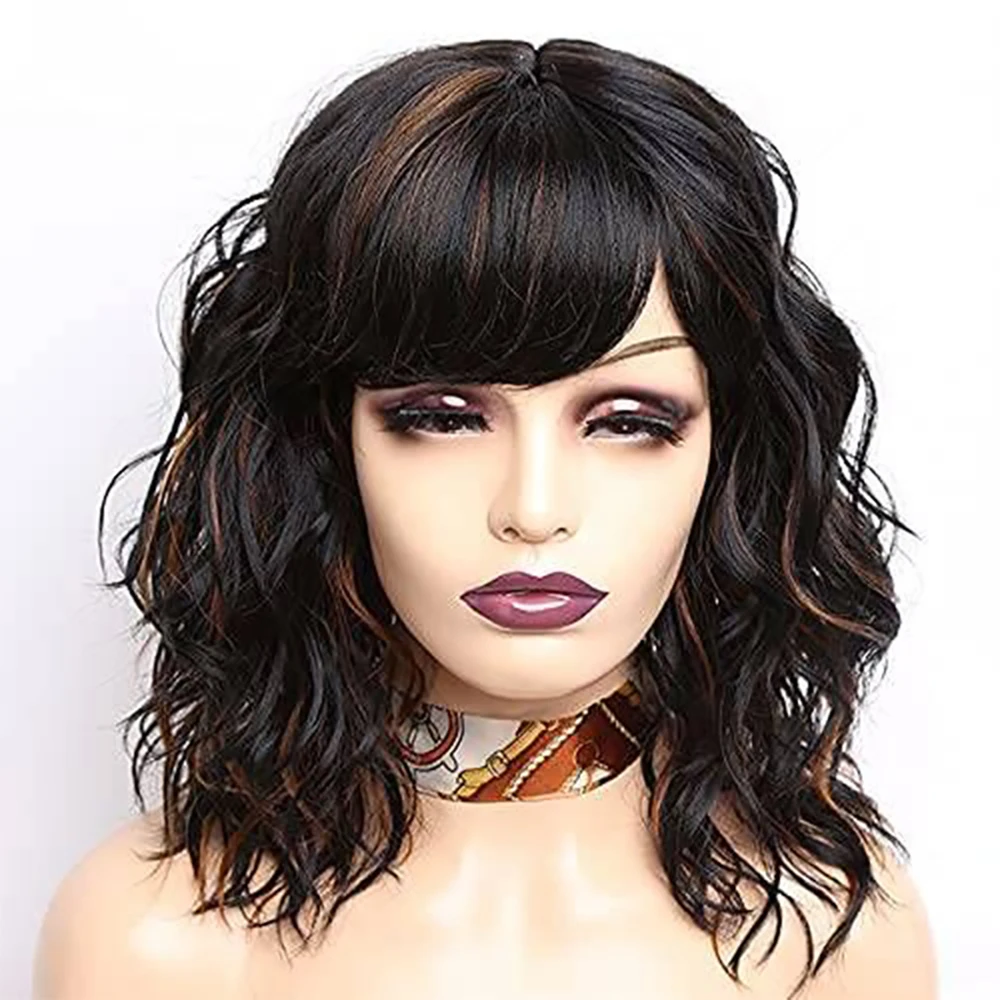 Amir Brown Wigs Synthetic Natural Wavy Wigs for Women Shoulder Length Hair Ombre Blond Bob wigs Pink Blue Curly Wigs Cosplay