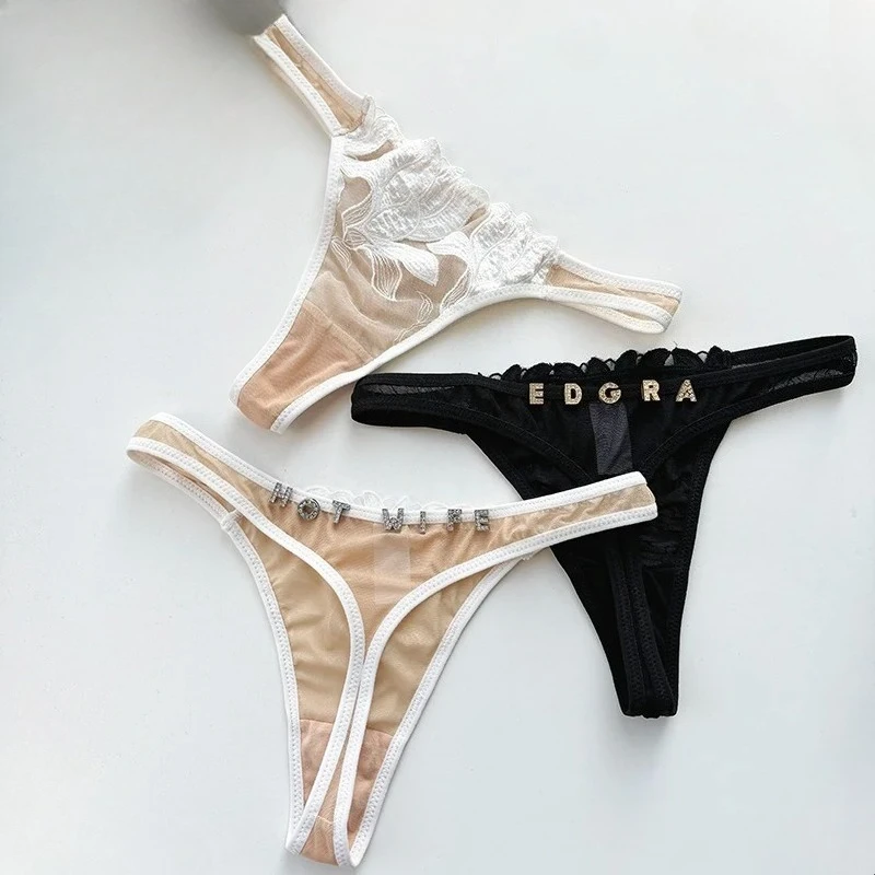Custom Name Crystal Letter Thong Lace Embroidery Flower Woman Bikini Panties Personality G-String T-back Sexy Wife Lovers Gifts