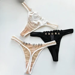 Custom Name Crystal Letter Thong Lace Embroidery Flower Woman Bikini Panties Personality G-String T-back Sexy Wife Lovers Gifts