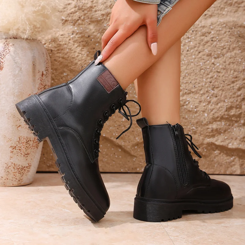 أحذية عمل كلاسيكية مكتنزة للنساء، أحذية كاحل جلدية ناعمة برباط أسود، أحذية لراكبي الدراجات النارية متعددة الاستخدامات لخريف وشتاء تطول الساقين #3