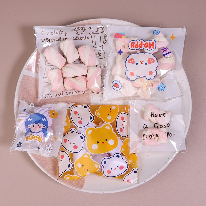 10Pcs Cute Cartoon Self-Adhesive Cookie Candy Gift Bags Wedding Birthday Party Biscuit Baking Packaging Bag Wrapping Supplies