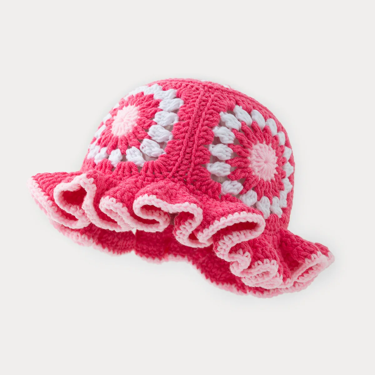 Bunte handgehäkelte Strickmützen für Herren und Damen mit gewellten Kanten und Blumenmustern, Wollmützen, die zum Warmhalten geeignet sind