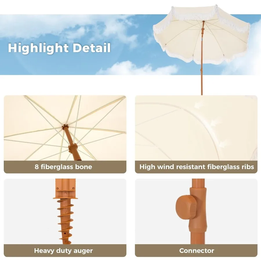 مظلة شاطئ خارجية محمولة بطول 7 أقدام مع هامش للاستخدام في الفناء والشاطئ تتميز بمراسي رملية وحقيبة حمل بزر ضغط وإمالة ميكانيكي