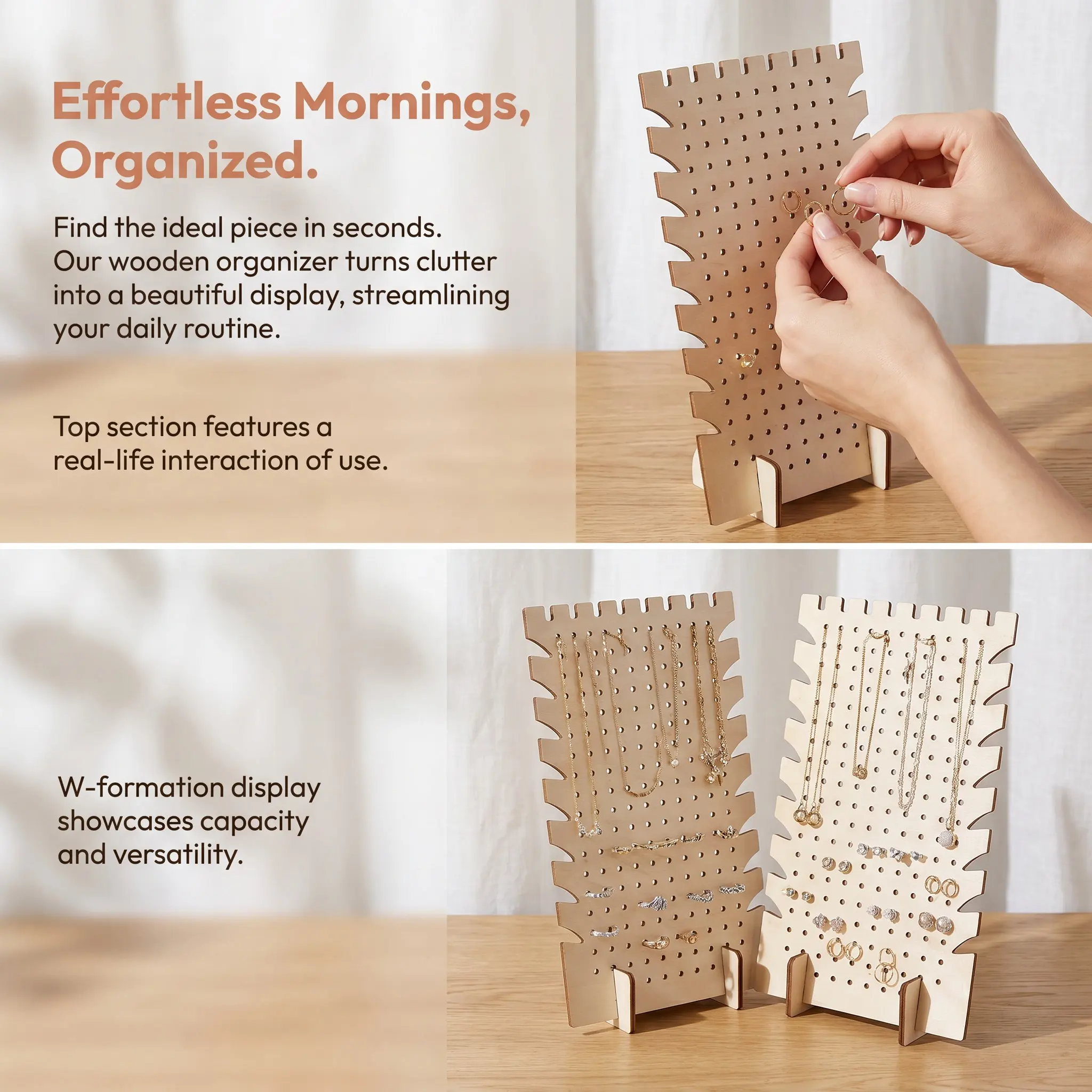 2Pcs Wooden Jewelry Display Rack Earring Organizer Stand 186 Holes Rustic Holder Jewelry Tower Personal Retail Craft Show