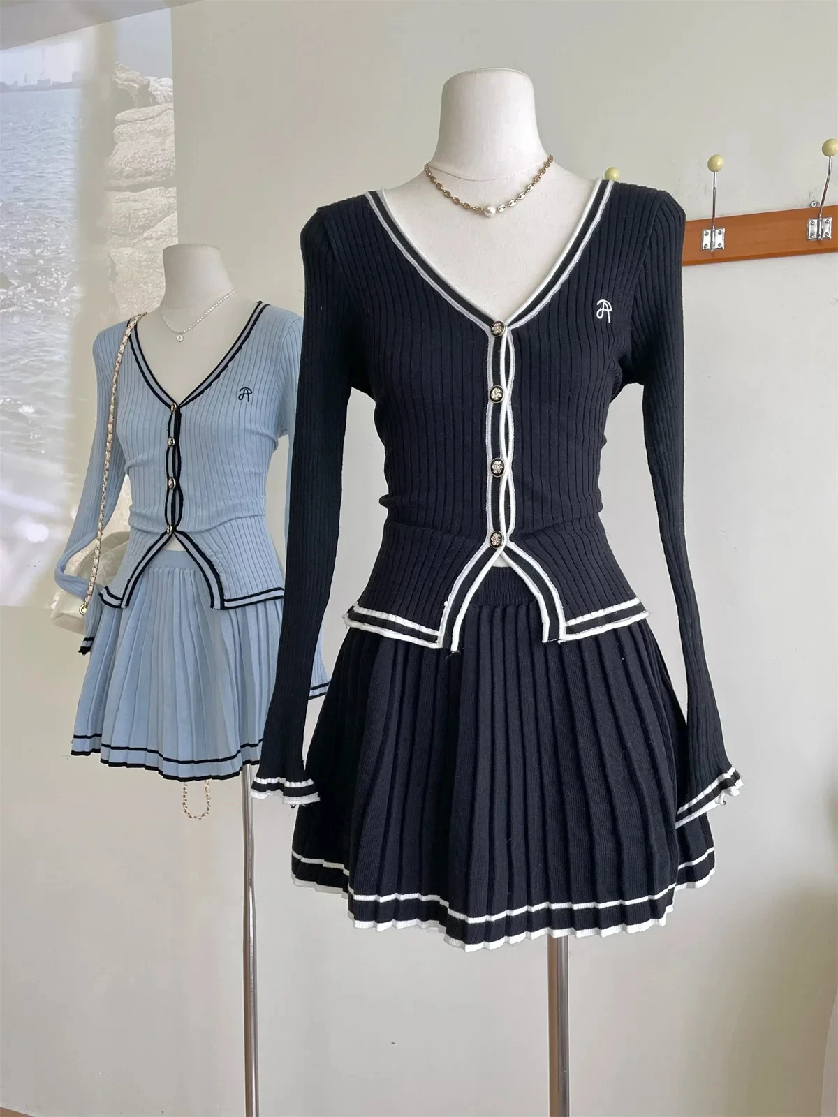 Fall Women Korean Vintage Slim Mori Girl Knit Birthday Outfits 2 Piece Set Long Sleeve Single-breasted Top + Gyaru Mini Skirt