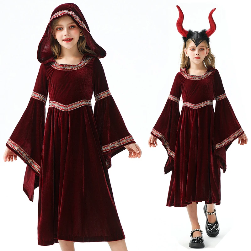 أزياء الهالوين للأطفال أزياء المحكمة العتيقة للأطفال أزياء تنكرية للساحرة ذات الرداء الأحمر للفتيات في القرون الوسطى وعصر النهضة