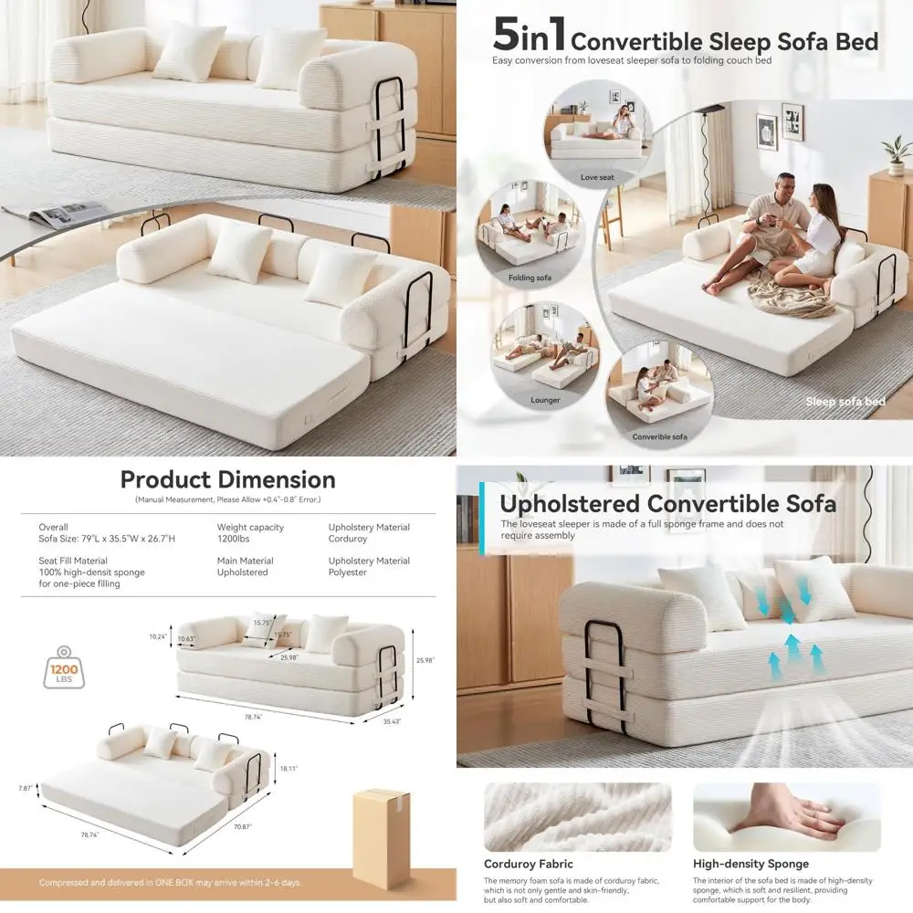 Futon Sofa Bed with Armrests - 5-in-1 Convertible Folding Mattress Couch, Comfortable Sleeper for Living Room