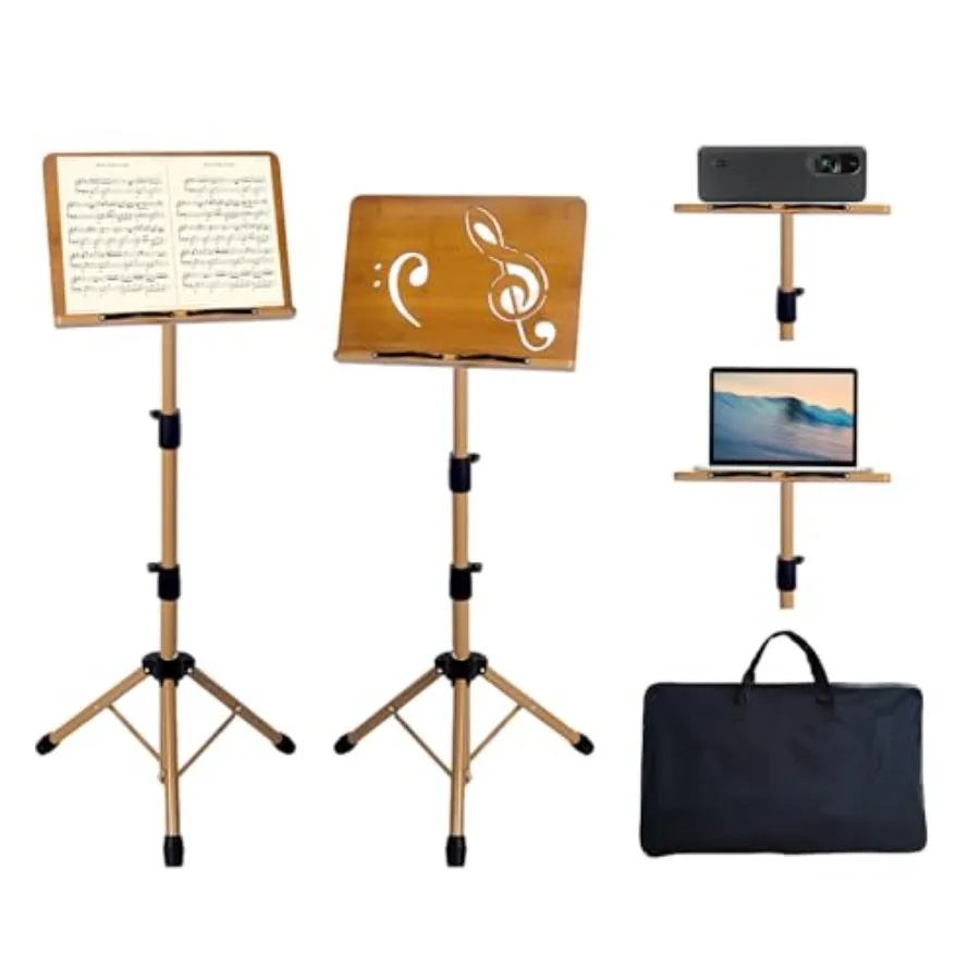 

Portable Music Stand - Folding Wooden Metal Stand with Carrying Bag Adjustable Height for Sheet Music Bible Laptop Cookbooks Re